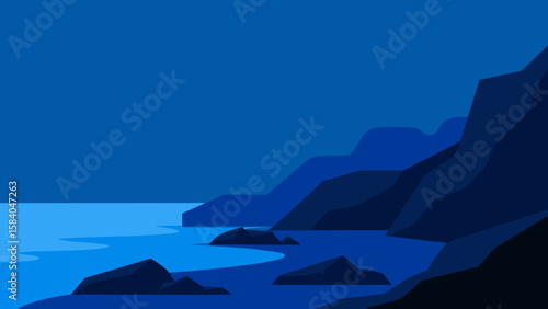 Rocky Shoreline with Deep Dark Blue Water Nature Scene