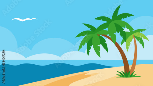 Serene Tropical Beach with Swaying Palm Trees and Blue Ocean