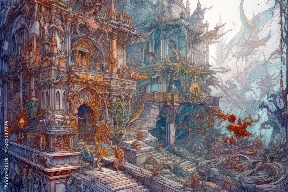 Fototapeta premium Fantastic architectural landscape with a fantasy castle surrounded by details of ancient buildings, sculptures and ornate patterns. 