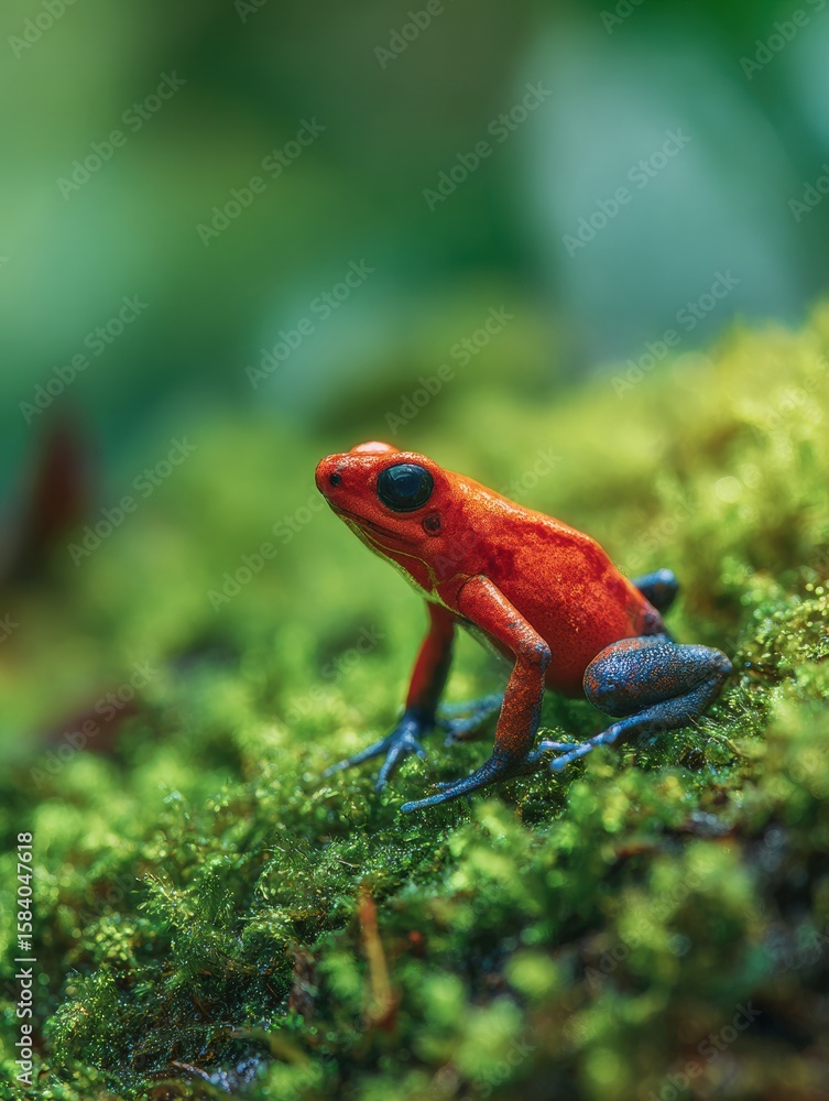 Fototapeta premium Vibrant Poison Dart Frog Resting on Bright Green Moss in Lush Forest Setting