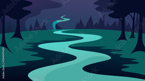 Observe a Slow Moving Creek Winding Through a Dark Swampy Forest
