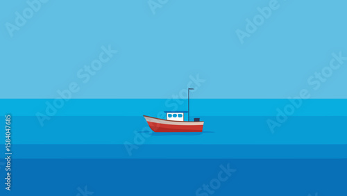 Observe a Small Lone Fishing Boat Adrift on a Vast Calm Ocean