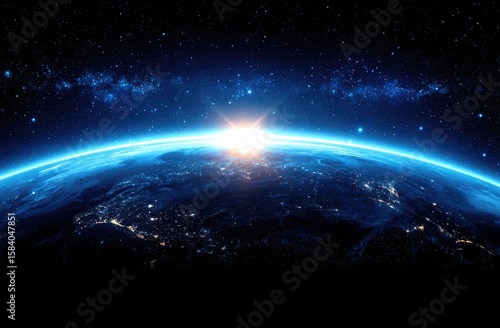 Earth rising, illuminated by sunrise, seen from space.  Vast expanse of night sky with stars and nebulae.  Visible city lights on the globe