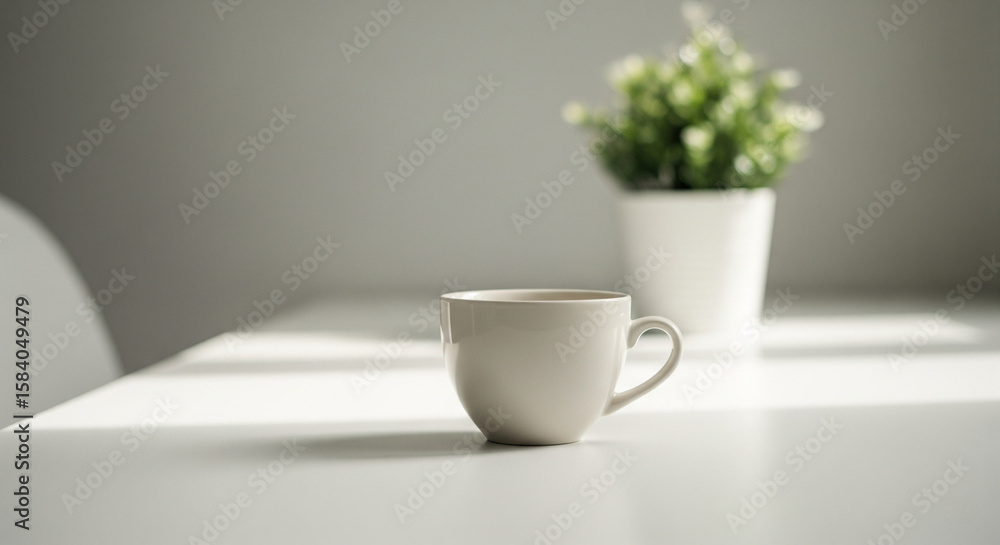 Obraz premium White coffee cup and plant on table minimalist aesthetic background