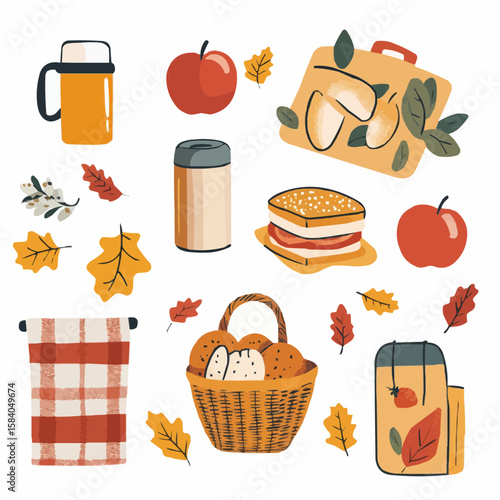 A warm flat cartoon clipart set with autumn picnic items like thermos, basket, and apple, perfect for seasonal food and drink packaging