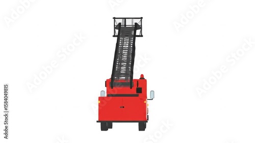 Animated Red Fire Truck Extending Ladder on White Background