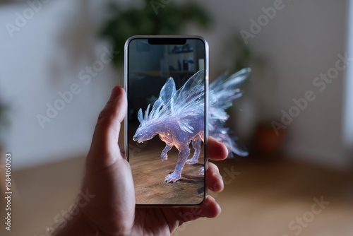 Hand holding phone, AR creature