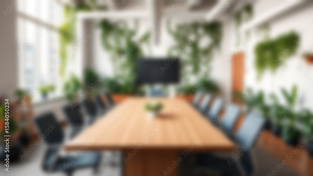 Obraz premium Blur background of office interior with large windows with city urban view, plants, and wooden desks at sunset. Modern workplace and urban greenery concept. Design for poster, wallpaper. Spate.