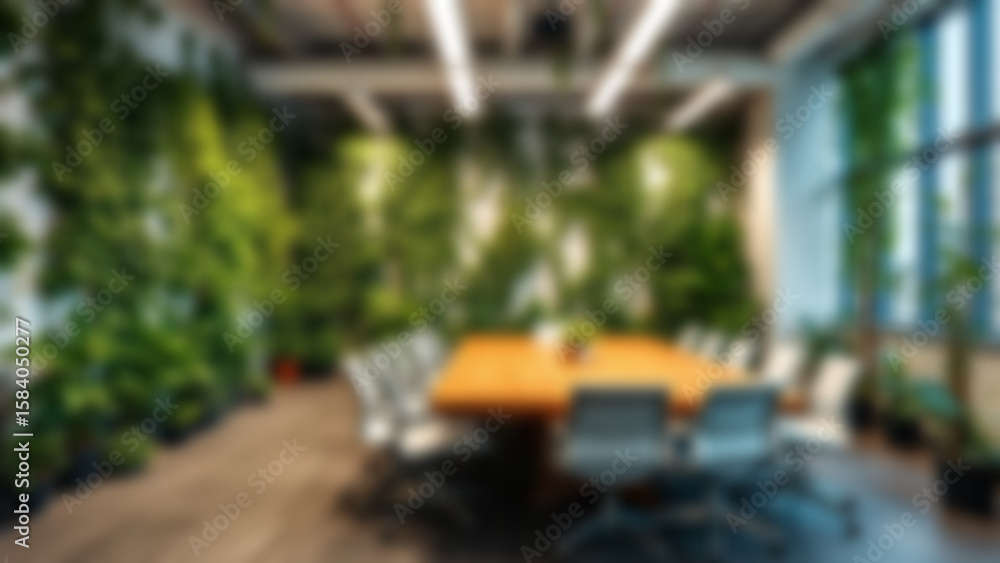 Fototapeta premium Blur background of office interior with large windows with city urban view, plants, and wooden desks at sunset. Modern workplace and urban greenery concept. Design for poster, wallpaper. Spate.