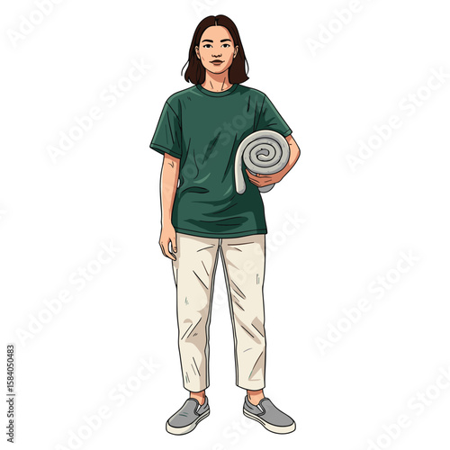 Illustration of woman holding rolled yoga mat ready for fitness class session routine lifestyle