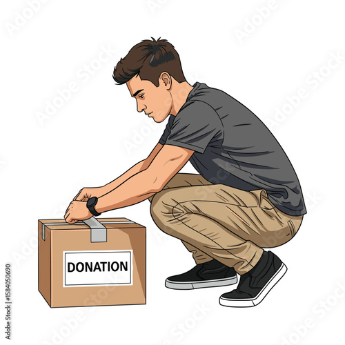 Man Sealing a Cardboard Donation Box, Preparing for Charity and Giving Initiative