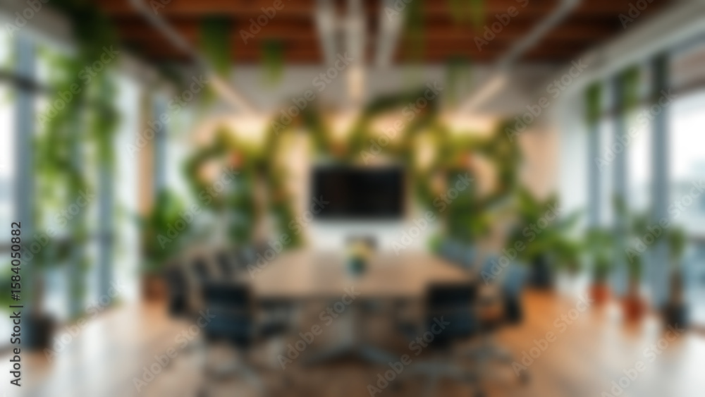 Naklejka premium Blur background of office interior with large windows with city urban view, plants, and wooden desks at sunset. Modern workplace and urban greenery concept. Design for poster, wallpaper. Spate.