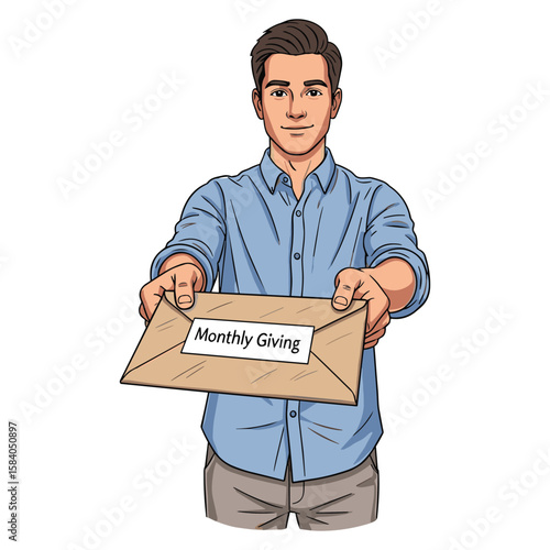 Man holding envelope with 'Monthly Giving' message illustration for financial campaigns