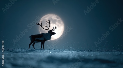 Silhouetted reindeer at night, full moon