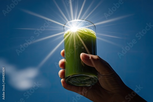 Hand holds green juice glass, sun rays