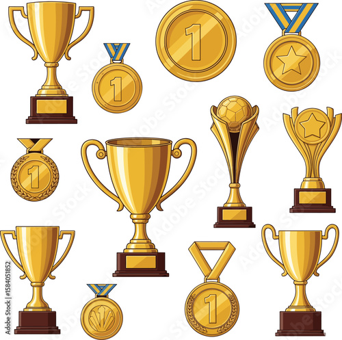 Golden Trophies, Cups and Medals Collection - First Place Award Vector Set