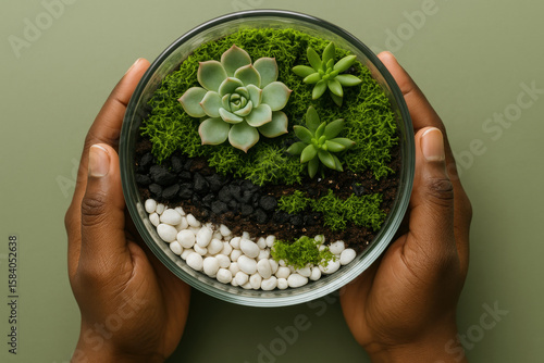 Hands holding glass terrarium with green succulents, moss, white pebbles and soil layers on pastel background, top view