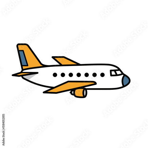 White and yellow passenger airplane icon going to right. Travel and transport concept. Vector illustration for web, app, ui, logo