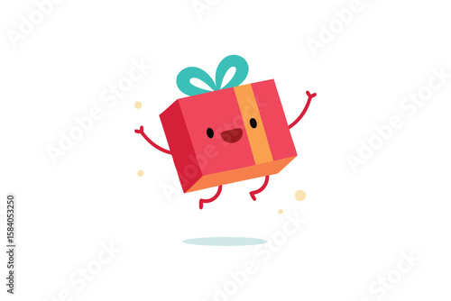 Cute Gift Box Jumping With Joy On White Background
