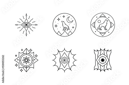 Mandala set of glowing eyes howling wolf magical spellbook and curtain Halloween mandala Vector illustration
