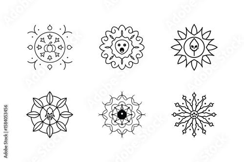 Mandala set of rotting pumpkin screaming ghost shadowy figure and skeleton hand Halloween mandala Vector illustration