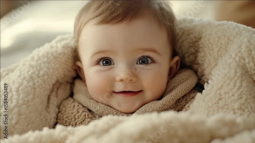 Adorable baby smiling with blue eyes.