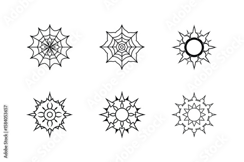 Mandala set of spiderweb spiked collar and scary details Halloween mandala Vector illustration