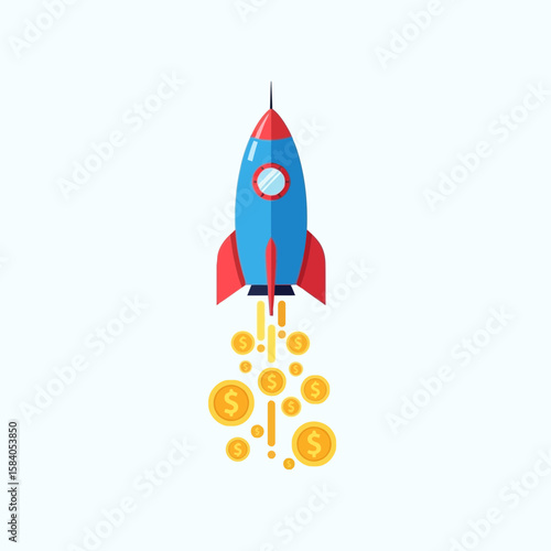 A cartoon rocket ship launches upwards with golden coins and smoke trail.