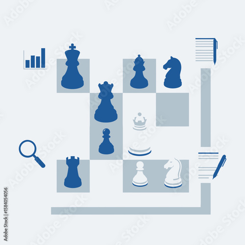 Chess pieces on a board with analysis icons suggesting strategy and planning.