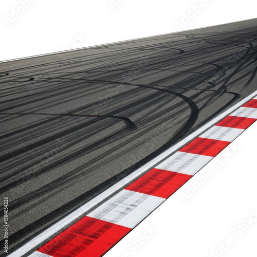 Race track with tire marks and red and white curb isolated on transparent background