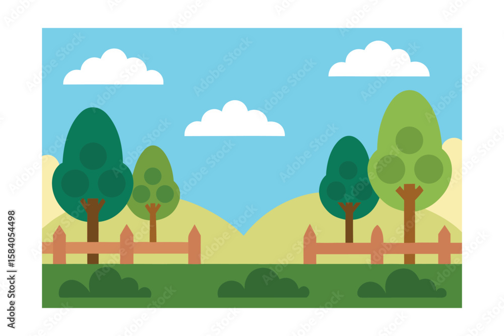 Fototapeta premium Cartoon Scene With Distant Trees Beyond A Floral Lawn