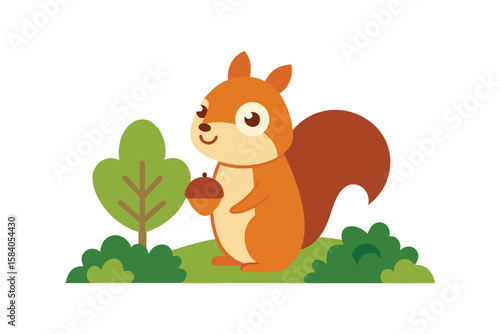 cartoon squirrel with an acorn near bushes