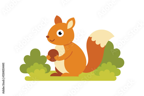 cartoon squirrel with an acorn near bushes