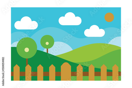 cartoon scene with layered fences rolling hills