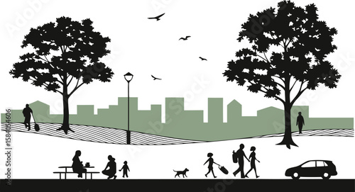 Wallpaper Mural City park scene with people trees and buildings vector Torontodigital.ca
