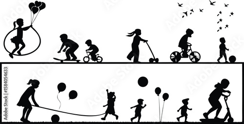 Children playing with balloons and riding scooters bicycles and skateboards vector