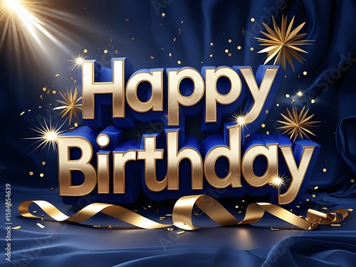 Happy Birthday 3D Gold Blue Design.
