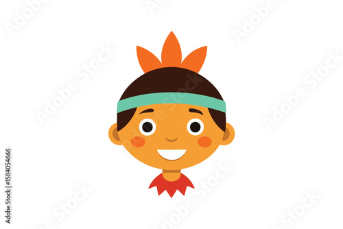 Cartoon Native American Boy In Feathered Headgear