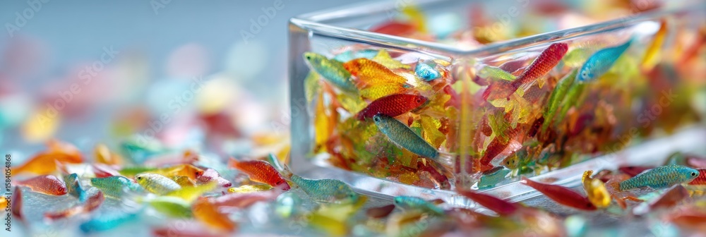 Fototapeta premium Vibrant Container of Colorful Fish Flakes With Bright Hues and Deep Focus, Showcasing the Beauty of Fish Food