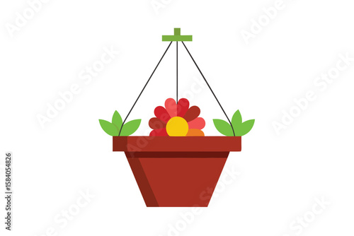 Cartoon Hanging Flower Basket On White Background