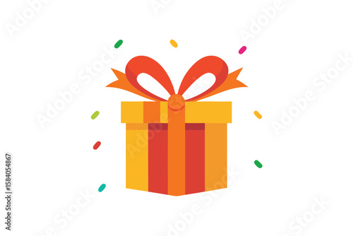 Cartoon Gift Box With Big Shiny Bow And Confetti