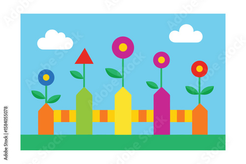 Cartoon Fence With Colorful Flags Fluttering Above