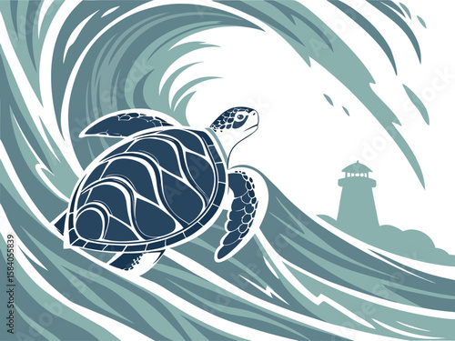 Dark blue turtle swims through teal waves near lighthouse sea turtle ocean