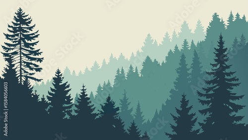 Dark green pine forest silhouette against pale sky pine trees teal