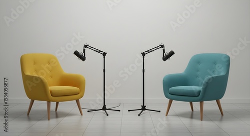 Podcast or interview setup two chairs and microphones in a podcast or interview room