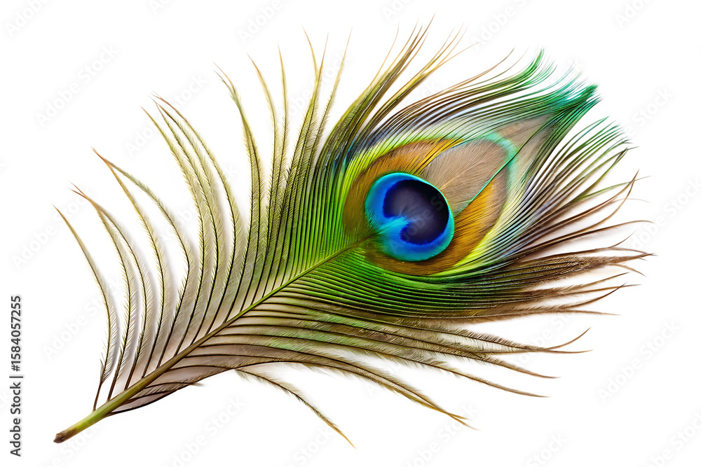 Obraz premium Detailed close up of a single peacock feather with vibrant eye pattern and delicate barbs isolated on a transparent background
