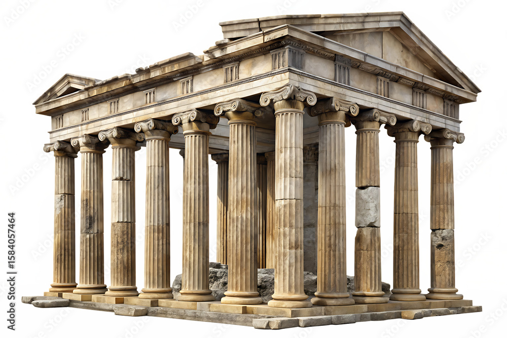 Naklejka premium Ancient Greek temple with Ionic columns and pediment made of stone isolated on a transparent background