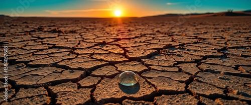 A cracked, dry earth landscape with a single drop of water reflecting the sun,  landscape,  precious