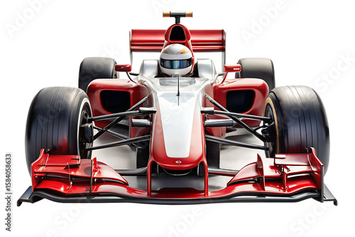 Front view of a red and white formula 1 race car with driver in cockpit isolated on a transparent background
