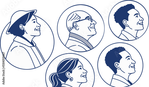 Diverse people portraits in circular frames faces